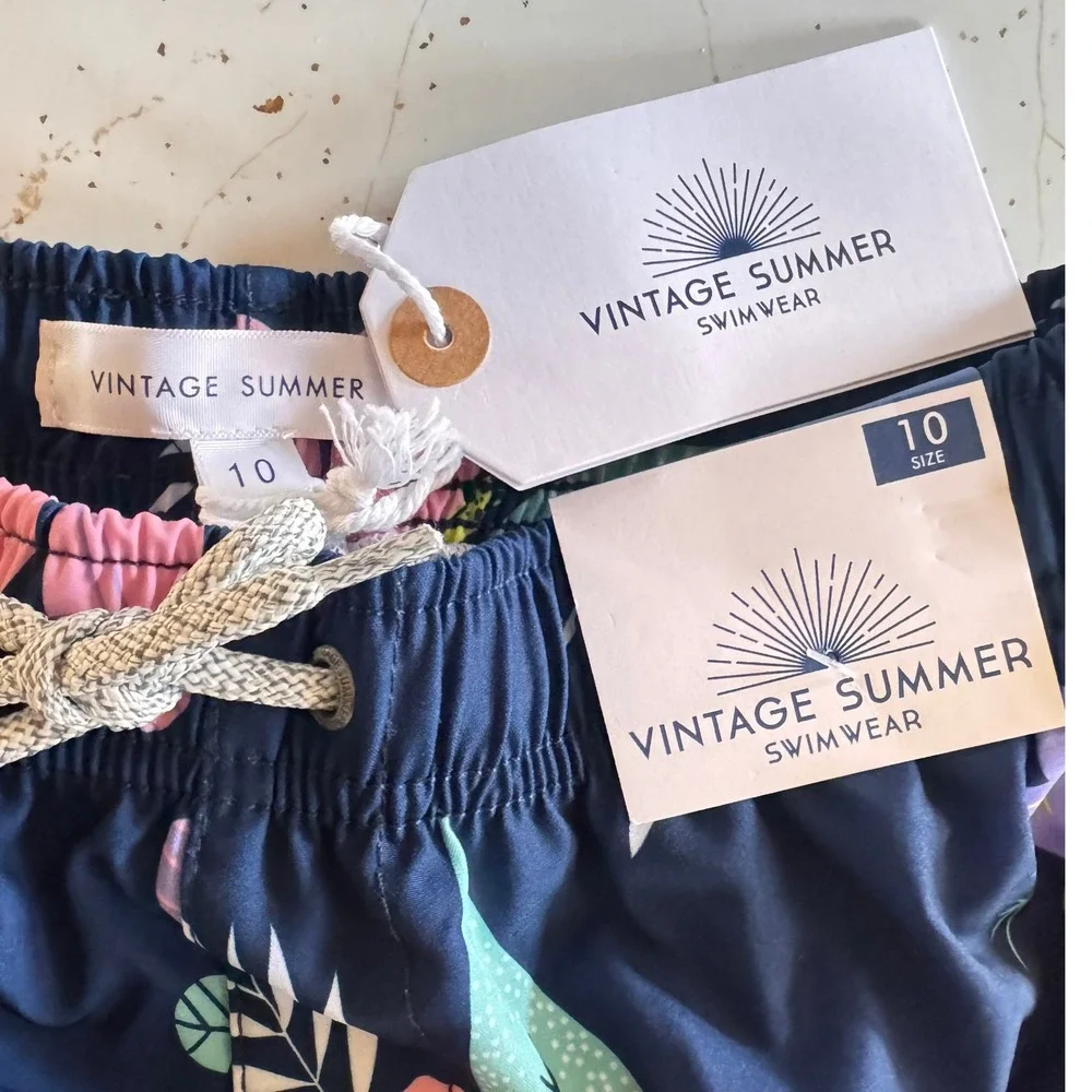Vintage Summer Boys Navy Blue Tropical Hibiscus Floral Swim Trunks Size 10 NWT